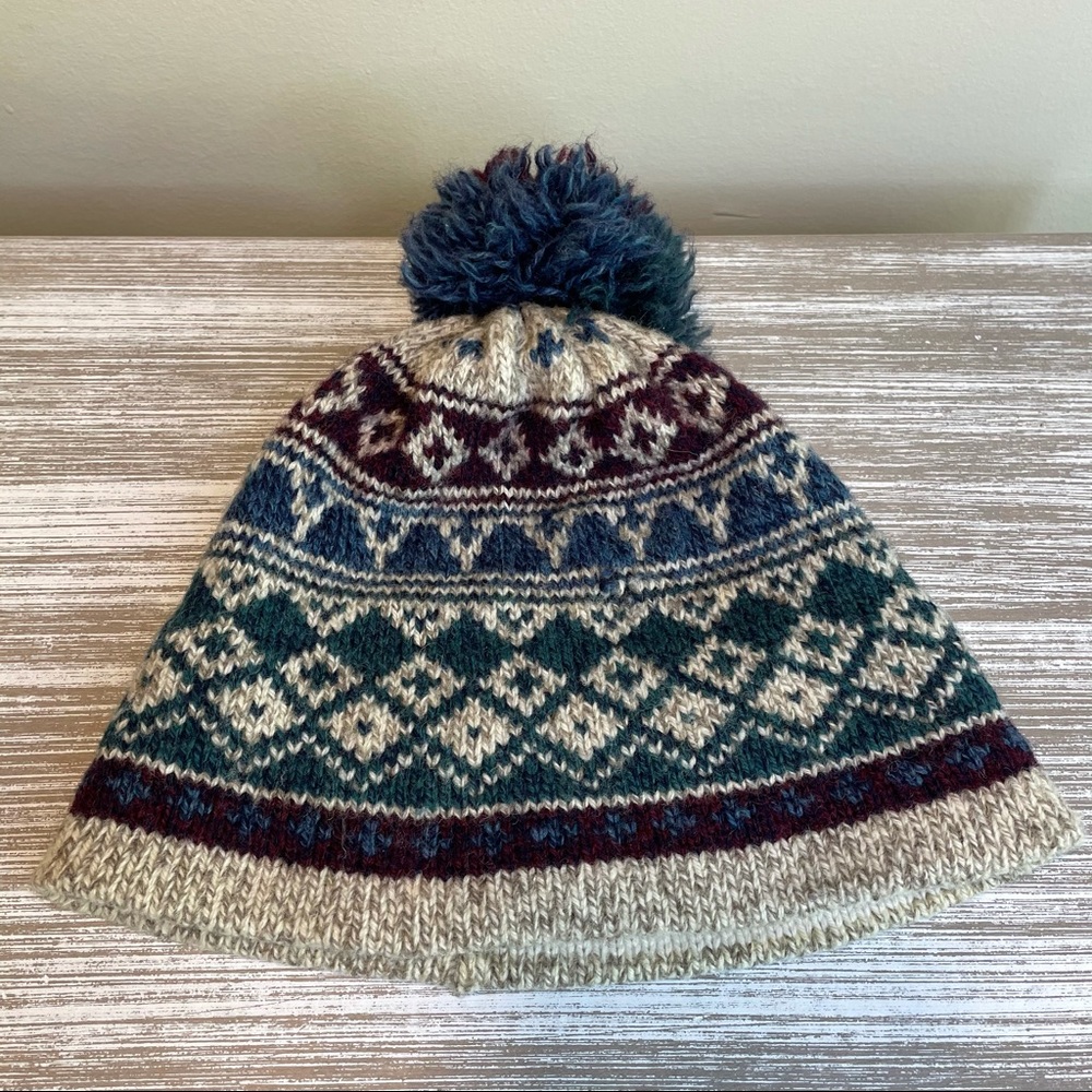 Vintage Knit Wool Pom Ski Hat FAIR ISLE SNOWFLAKE Green Purple Blue Beanie Toque